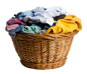 The wicker basket is brimming with various clothes, including shirts, sweaters, and pants, creating a vibrant mix. Ideal for representing laundry tasks and household chores. Transparent background PNG