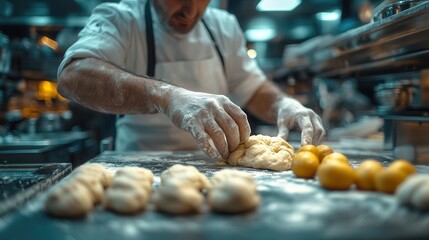 The cook prepares the dough in the kitchen, grinding and mixing it.
