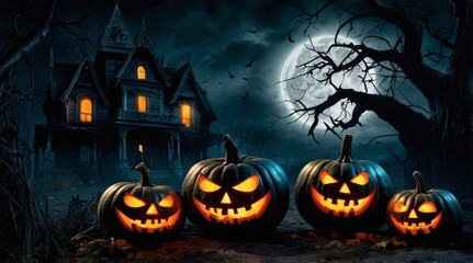 Spooky Halloween Night with Glowing Jack-o'-Lanterns and Haunted House Under a Full Moon