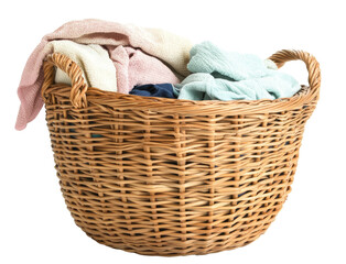Obraz premium A wicker laundry basket overflowing with neatly arranged, colorful towels and clothing is placed against a transparent background, ideal for various design projects. Transparent background PNG
