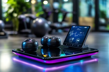 An advanced smart scale in a fitness studio, connected to a mobile app that tracks weight, body fat percentage, and other health metrics, symbolizing the integration of technology and health