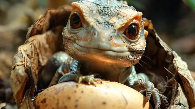 Lizard hatching from egg in tropical forest during morning light