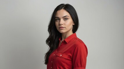 Obraz premium teen stunning black hair white woman with red shirt model portrait standing straight on a plain white background for ad concept space for text
