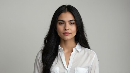 Obraz premium teen stunning black hair white woman with white shirt model portrait standing straight on a plain white background for ad concept space for text