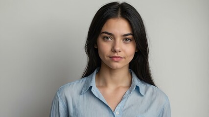 Obraz premium teen stunning black hair white woman with blue shirt model portrait standing straight on a plain white background for ad concept space for text