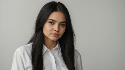 Obraz premium teen stunning black hair finnougric woman generic shirt model portrait standing straight on a plain white background for ad concept space for text