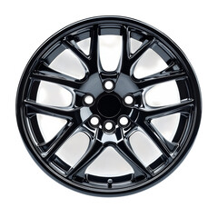 Obraz premium A sleek black alloy wheel featuring an intricate spoke design, ideal for enhancing vehicle aesthetics or for use in automotive graphics and marketing materials. Transparent background PNG