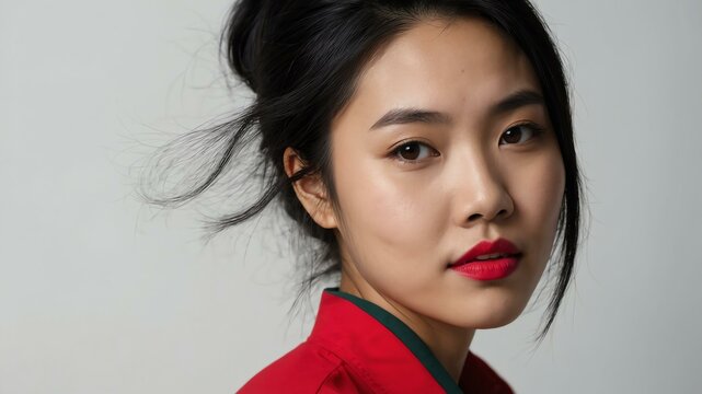 teen stunning black hair east asian woman generic shirt model portrait standing straight on a plain white background for ad concept space for text