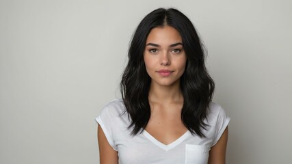 Obraz premium teen stunning black hair caucasian woman with white shirt model portrait standing straight on a plain white background for ad concept space for text
