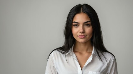 Fototapeta premium teen stunning black hair caucasian woman with white shirt model portrait standing straight on a plain white background for ad concept space for text