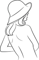 Woman in hat, Line illustration. Minimalist print. Black and white, young modern woman wearing hat