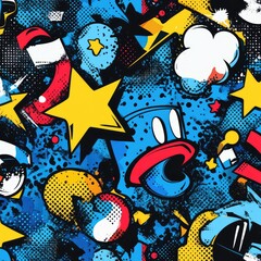 Dynamic pop art cartoon design with vibrant blue hues and classic comic patterns.