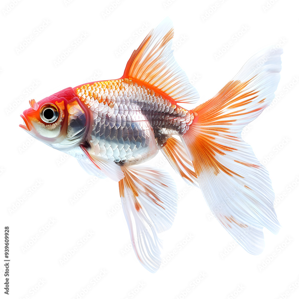 Poster gorgeous close-up of a colorful goldfish with graceful, flowing fins set against a clear background,
