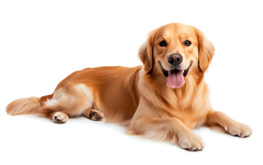 Golden Retriever dog - Canis lupus familiaris - great popular family domestic animal good with children isolated on white background tongue out while panting, laying and looking towards camera