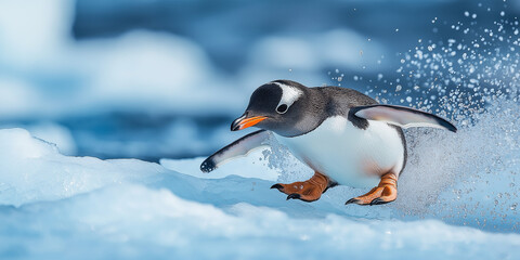 24. High-definition portrait of a playful penguin sliding on ice