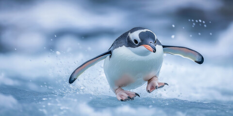24. High-definition portrait of a playful penguin sliding on ice