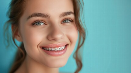 Naklejka premium Pretty girl wearing braces smiling cheerfully, copy space