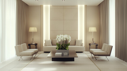 Stylowy salon o nowoczesnym wykończeniu, z minimalistycznym designem, stonowanymi kolorami, nowoczesnym oświetleniem, eleganckimi meblami i eleganckimi bukietami kwiatów.