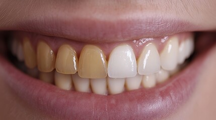 A person's smile, showcasing the contrast between different shades of teeth. The soft, natural light enhances the details, emphasizing dental health