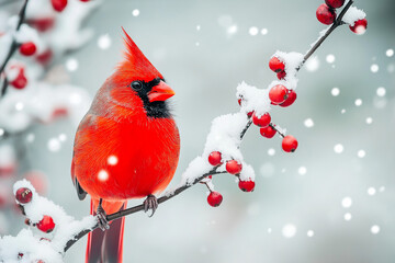 25. Crisp and vivid close-up of a striking red cardinal on a snowy branch
