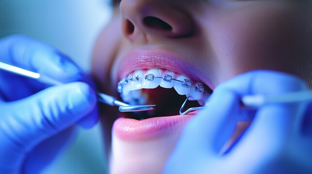 young beautiful woman with braces on her teeth undergoing orthodontic treatment