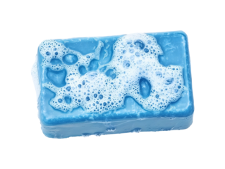 Blue bar of soap with lather and bubbles isolated on transparent or white background