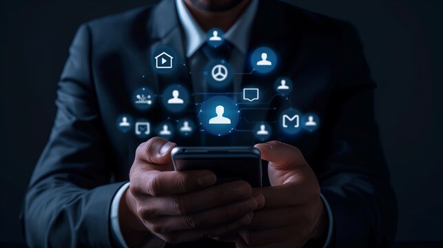 Businessman interacting with a smartphone displaying a contact icon, surrounded by app and social media icons in a detailed 3d render, showcasing modern digital communication and networking technology