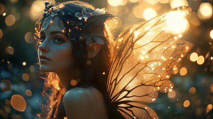 Fototapeta premium Zjawiskowy portret mistycznej wróżki z wyszukanymi detalami i błyszczącymi skrzydłami, na tle spokojnego lasu, wzbogacony czarującym efektem świetlnych bokeh.