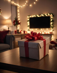 a wrapped gift box with a red bow on a table in a cozy living room with christmas lights and decorations, dark living room, night