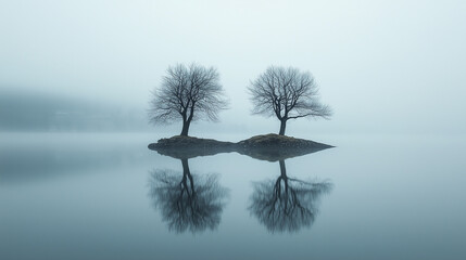 Na małej wyspie znajdują się dwa nagie drzewa, które doskonale odbijają się w spokojnej, mgławicowej wodzie jeziora pod szarym niebem.