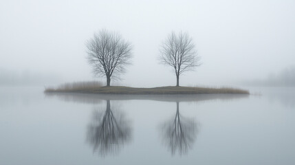 Na małej wyspie znajdują się dwa nagie drzewa, które doskonale odbijają się w spokojnej, mgławicowej wodzie jeziora pod szarym niebem.