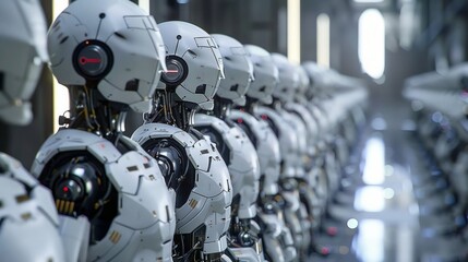 Fototapeta premium Futuristic cinematic ai robot workforce in a high-tech environment - digital illustration of advanced robotics operating in a modern industrial setting, perfect for technology, automation, and artific