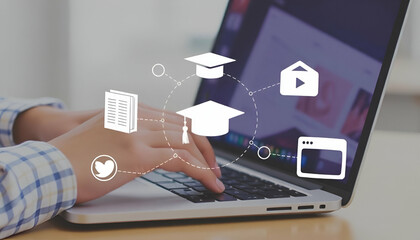 A person's hands typing on a laptop keyboard, with various education-related icons overlaid on the image, including a book, a graduation cap, and a video player