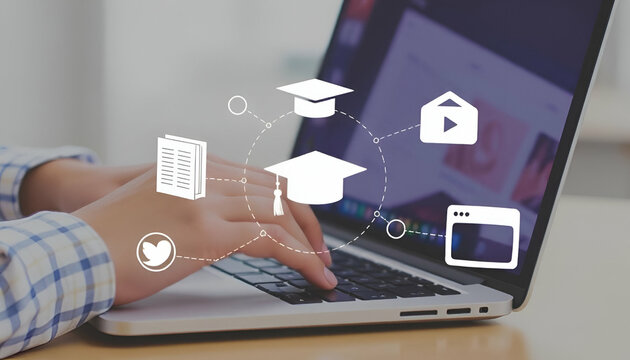 A person's hands typing on a laptop keyboard, with various education-related icons overlaid on the image, including a book, a graduation cap, and a video player
