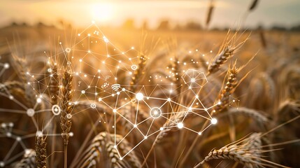 Smart agriculture network icons displayed over a wheat field background, representing the integration of technology in modern farming practices