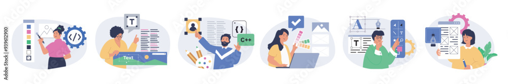 Aufkleber Design development concept set in flat design for web. Collection with people creating interface layouts, selecting color swatches and content, drawing elements, making homepage. Vector illustration.