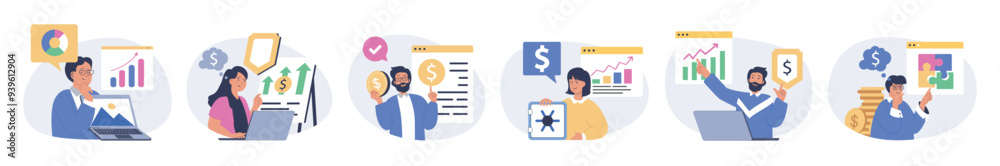 Poster Business concept set in flat design for web. Collection with people brainstorming, making data charts analysis, managing processes, creating strategy, achieving financial goals. Vector illustration.