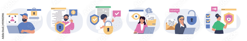 Aufkleber Cyber security concept set in flat design for web. Collection with people using protection system with identify scans, protecting online personal information with firewal shield. Vector illustration.