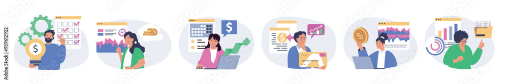 Poster Digital business concept set in flat design for web. Collection with people create content plan, analyzing data, using marketing tools for increasing profits, attracting clients. Vector illustration.