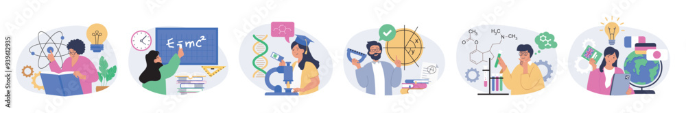 Poster education concept set in flat design for web. collection with people learning science, reading books