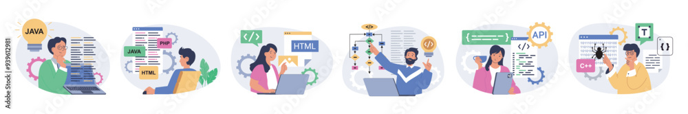 Fototapete Programming concept set in flat design for web. Collection with people coding on computer or laptop on html, php, java, creating scripts and algorithms, developing programs. Vector illustration.