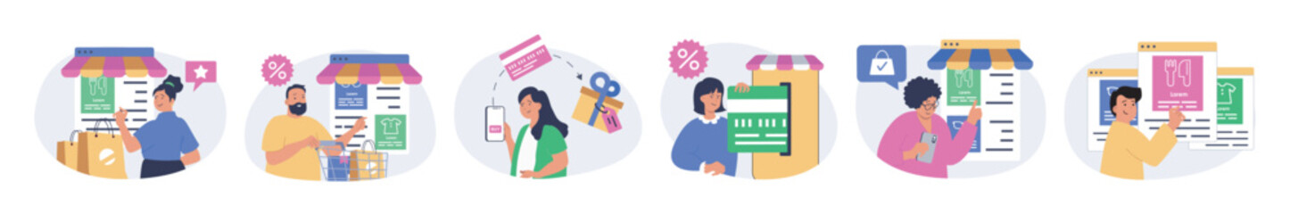 Mobile commerce concept set in flat design for web. Collection with people making purchases using apps, paying online with credit cards and gets gifts, ordering products to home. Vector illustration.