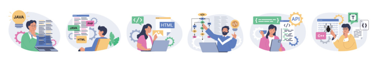 Programming concept set in flat design for web. Collection with people coding on computer or laptop on html, php, java, creating scripts and algorithms, developing programs. Vector illustration.