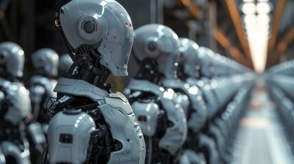 Fototapeta premium Futuristic cinematic ai robot workforce in a high-tech environment - digital illustration of advanced robotics operating in a modern industrial setting, perfect for technology, automation, and artific
