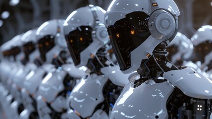 Fototapeta premium Futuristic cinematic ai robot workforce in a high-tech environment - digital illustration of advanced robotics operating in a modern industrial setting, perfect for technology, automation, and artific