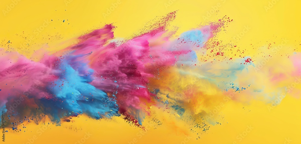 Canvas Prints A dynamic burst of pink, blue, and yellow powder spreading in various directions on a yellow backdrop.