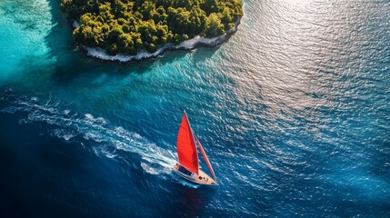 A vibrant yacht with a red sail glides through deep blue waters near a lush green island.