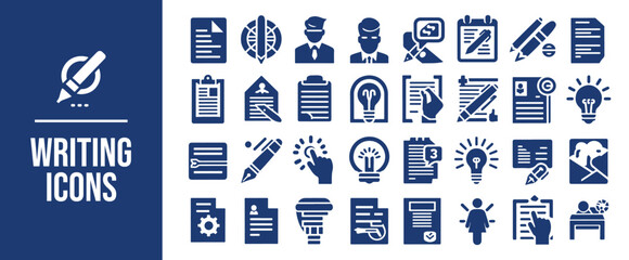 Writing icon set. write, pencil, note, edit, Containing pen, writer, document, text and more. Solid vector icons collection