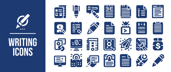 Writing icon set. write, pencil, note, edit, Containing pen, writer, document, text and more. Solid vector icons collection