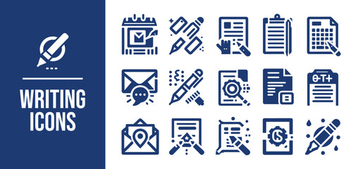 Writing icon set. write, pencil, note, edit, Containing pen, writer, document, text and more. Solid vector icons collection